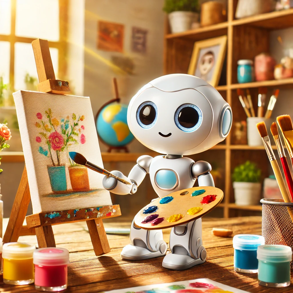 A cute and charming robot painting on a canvas, surrounded by art supplies like paintbrushes, colorful paints, and sketches. The robot has a round head with expressive eyes, a small body with articulated arms, and a cheerful demeanor. The background is a cozy, brightly lit art studio with sunlight streaming through a window, shelves filled with art materials, and a relaxed atmosphere.